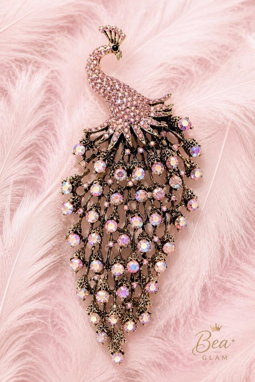 Natasha Oversized Pink Rhinestone Peacock Brooch Iridescent Crystal  Pin
